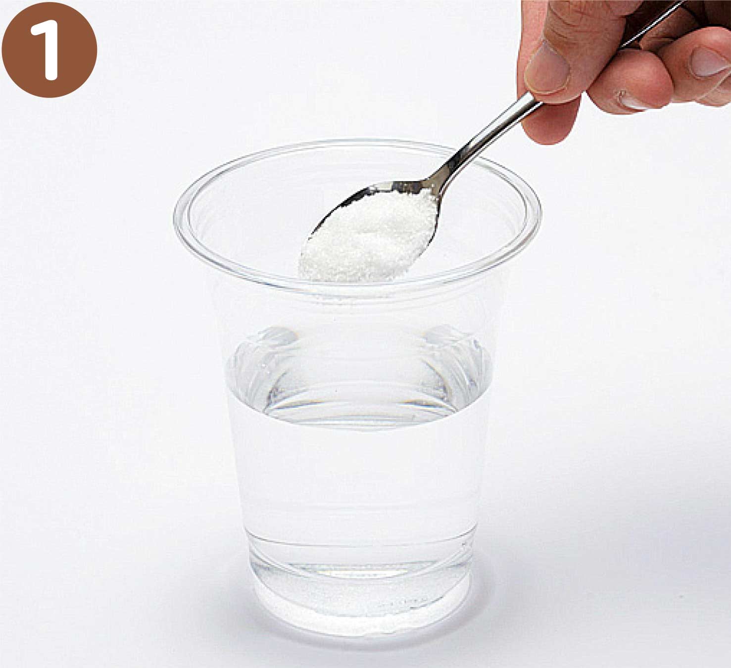 水をカップの2/3くらいい入れ、スプーン一杯の塩をと溶かして塩水をつく作ります。