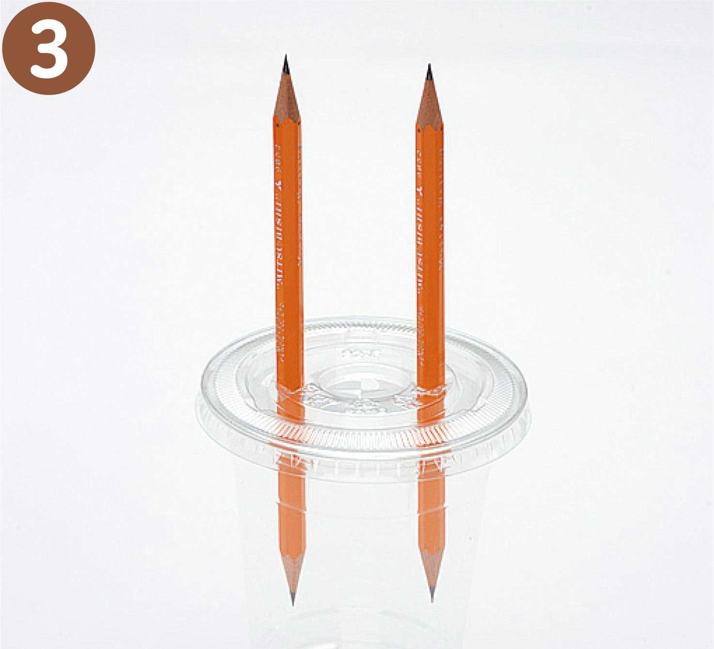 鉛筆の上下をけずってふたの十字のき切れめ目に通し、カップにセットします。